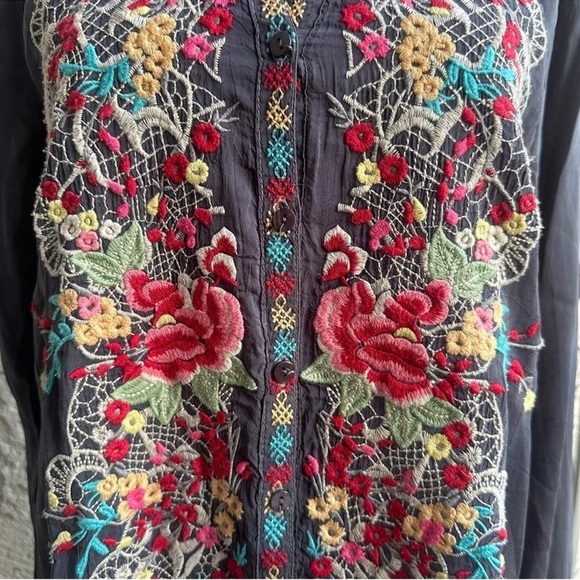 JOHNNY WAS Embroidered Tunic Button Down Multicolor Boho Collard Shirt Dress XS - Picture 6 of 9